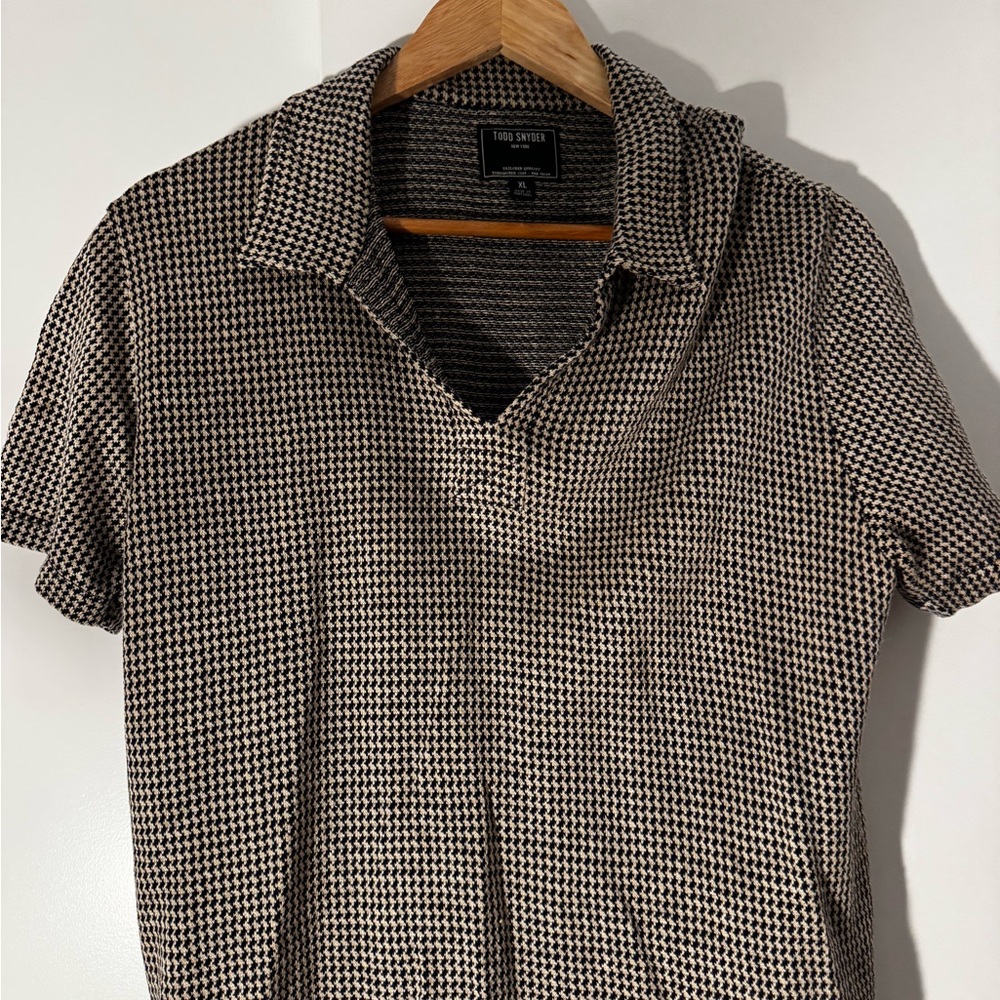 Todd Snyder Black and Cream Micro Houndstooth Polo Shirt